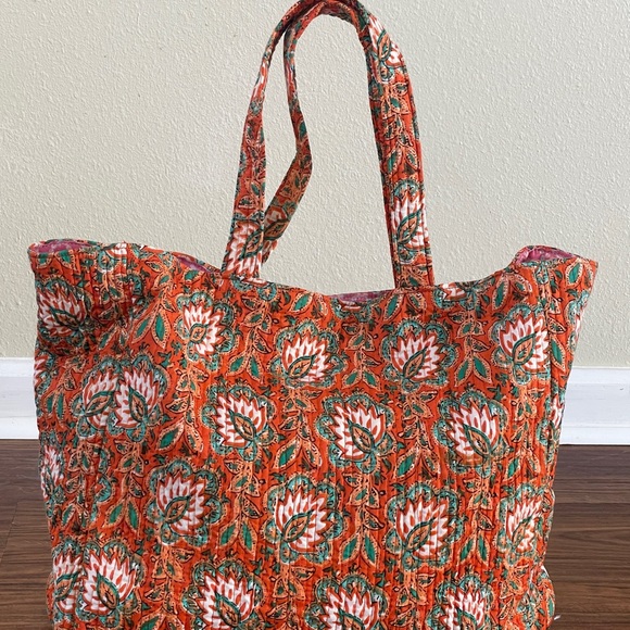 orange print Quilted tote beach summer shoulder bag reusable womens … - Picture 4 of 5